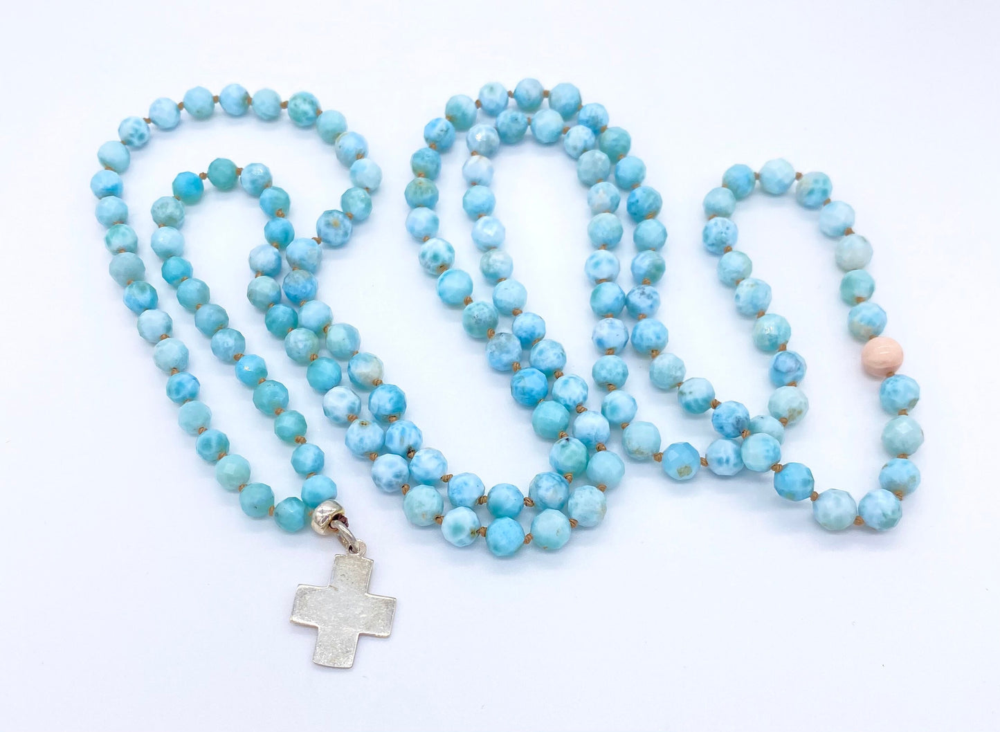 LARIMAR + PERUVIAN PINK OPAL + STERLING SILVER BEADS & CROSS CHARM NECKLACE