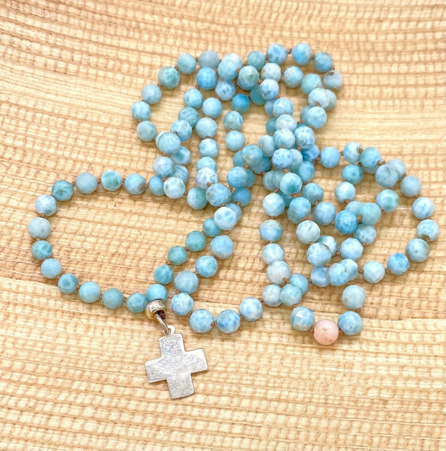 LARIMAR + PERUVIAN PINK OPAL + STERLING SILVER BEADS & CROSS CHARM NECKLACE