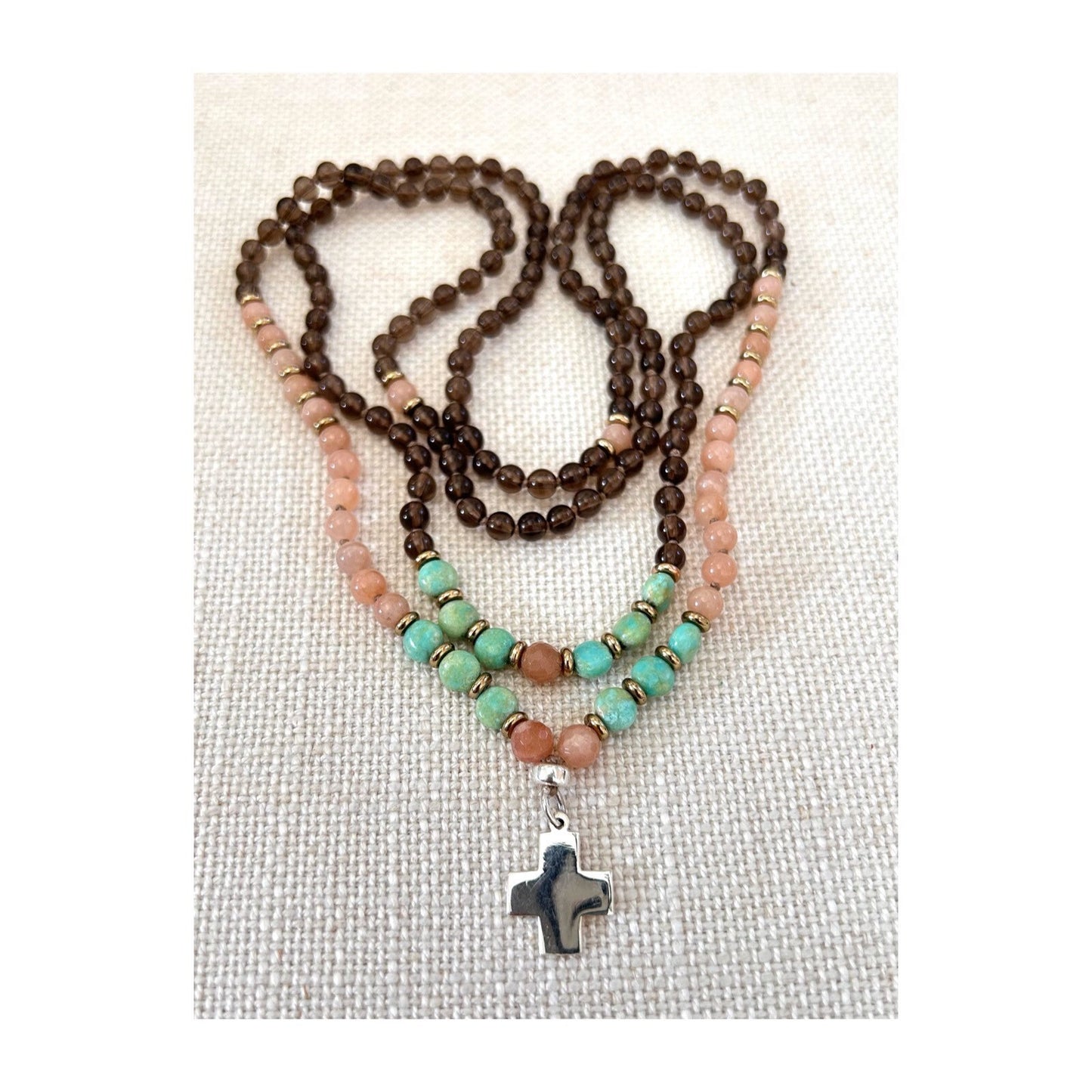 SMOKEY QUARTZ + SUNSTONE + TURQUOISE CROSS CHARM NECKLACE