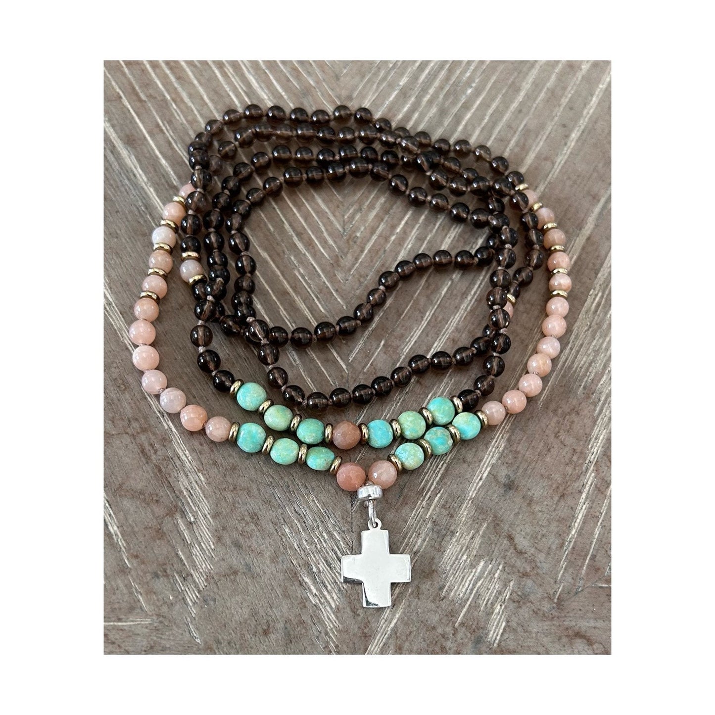 SMOKEY QUARTZ + SUNSTONE + TURQUOISE CROSS CHARM NECKLACE