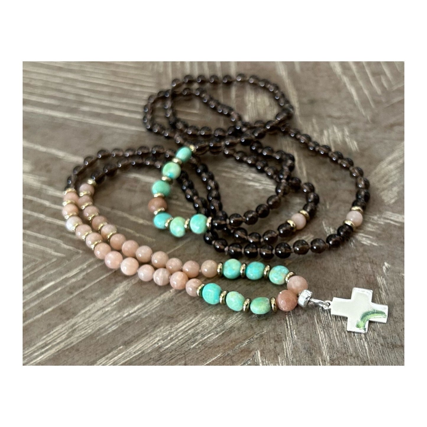 SMOKEY QUARTZ + SUNSTONE + TURQUOISE CROSS CHARM NECKLACE