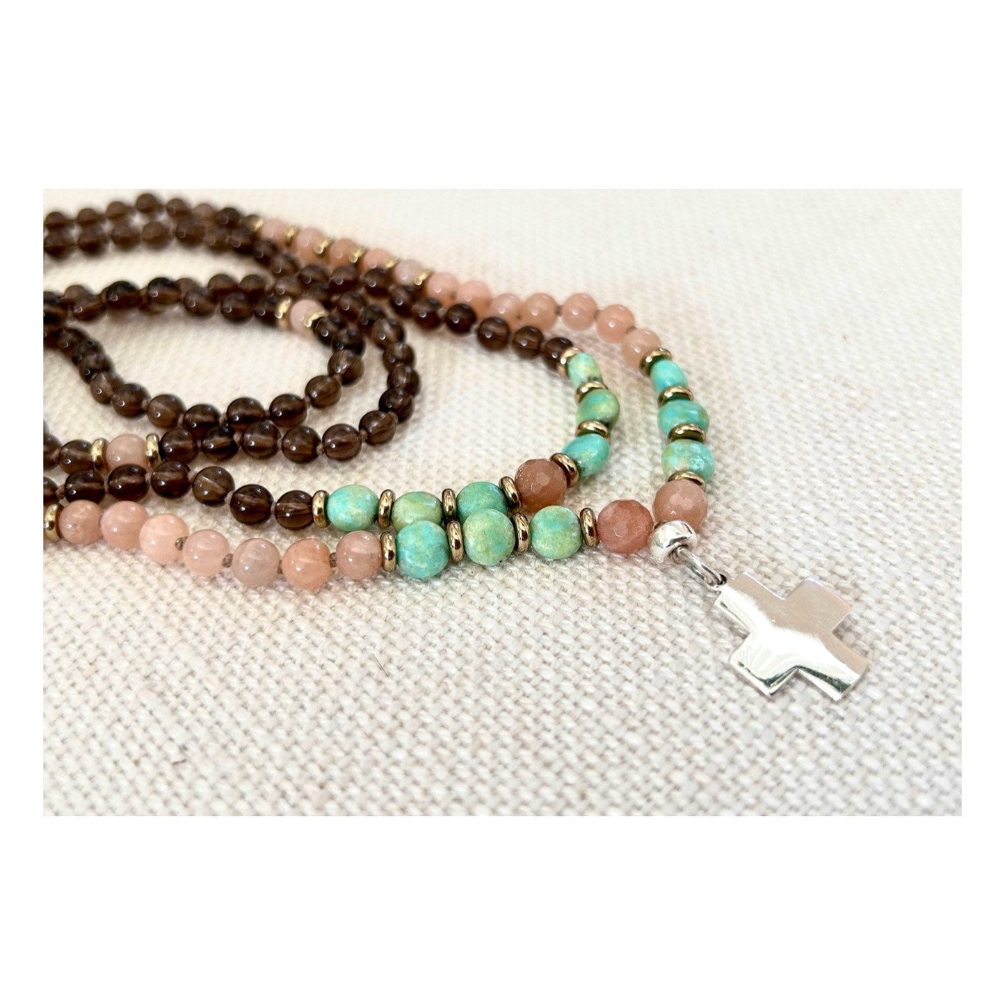 SMOKEY QUARTZ + SUNSTONE + TURQUOISE CROSS CHARM NECKLACE