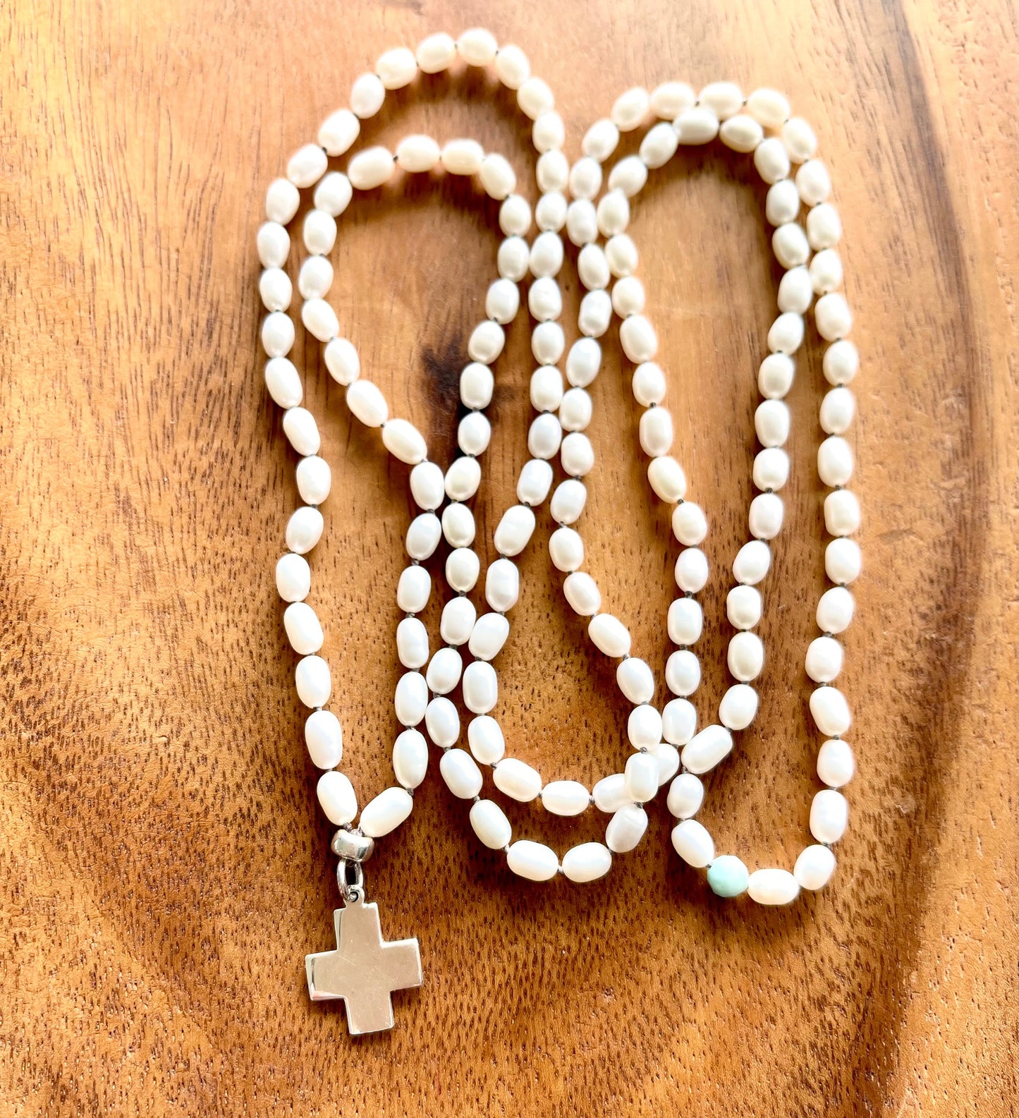 FRESH WATER PEARL + STERLING SILVER CROSS CHARM NECKLACE