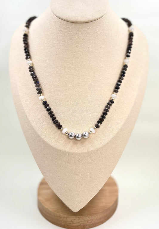 Smoky Quartz + Moonstone + Sterling Silver + 14k Gold Necklace