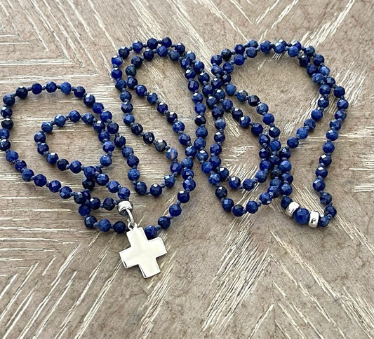 FACETED SAPPHIRE  & STERLING SILVER CROSS NECKLACE