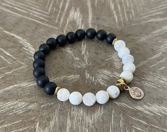 BLACK ONYX + SAKURA QUARTZ LOTUS CHARM BRACELET