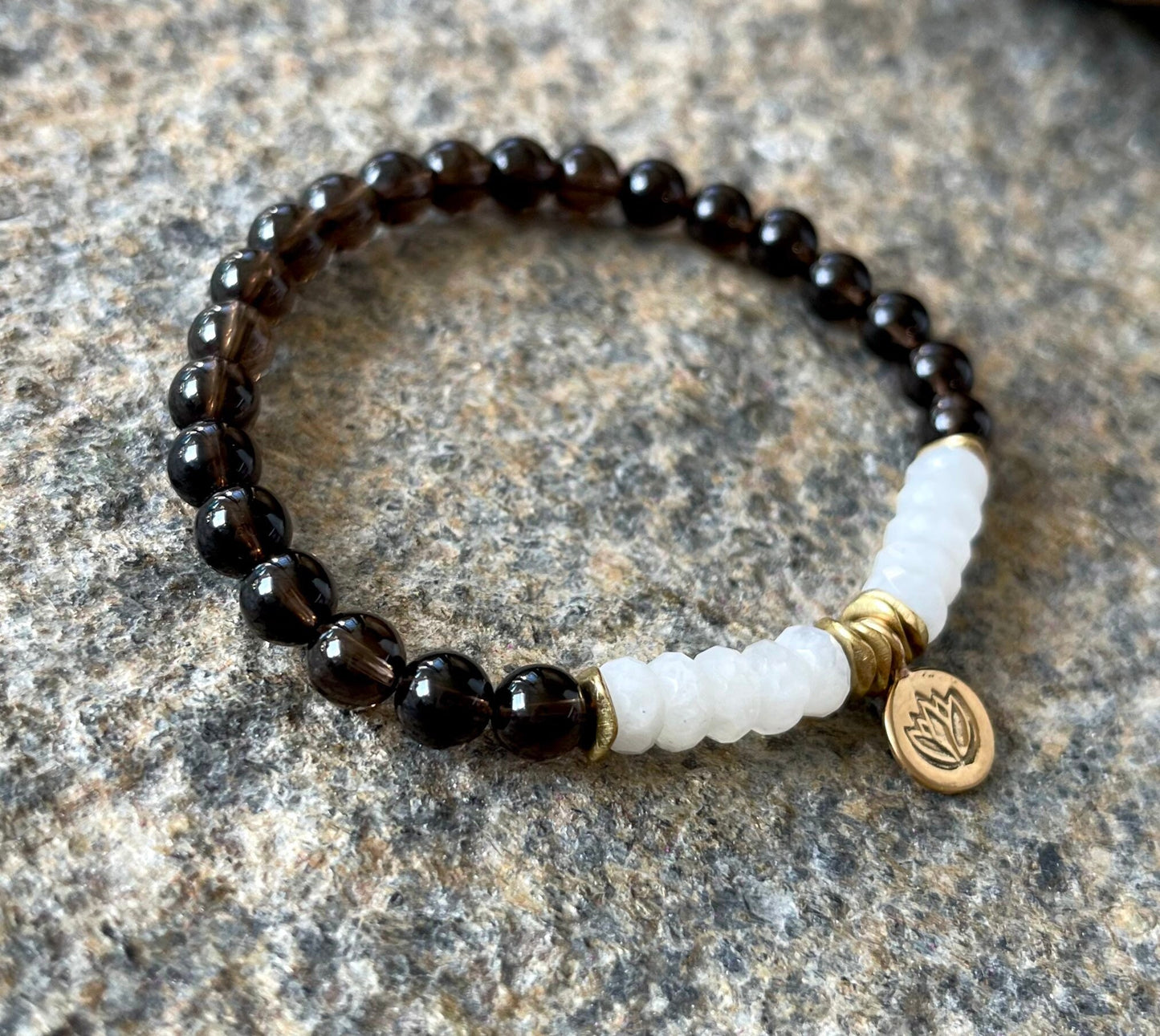 LOTUS CHARM SMOKY QUARTZ & MOONSTONE BRACELET