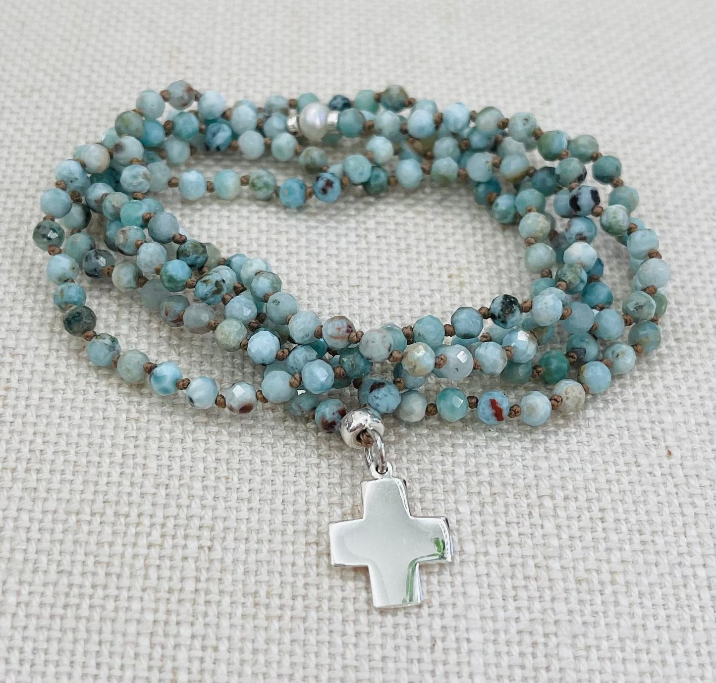 LARIMAR + FRESH WATER PEARL + STERLING SILVER BEADS & CROSS CHARM NECKLACE