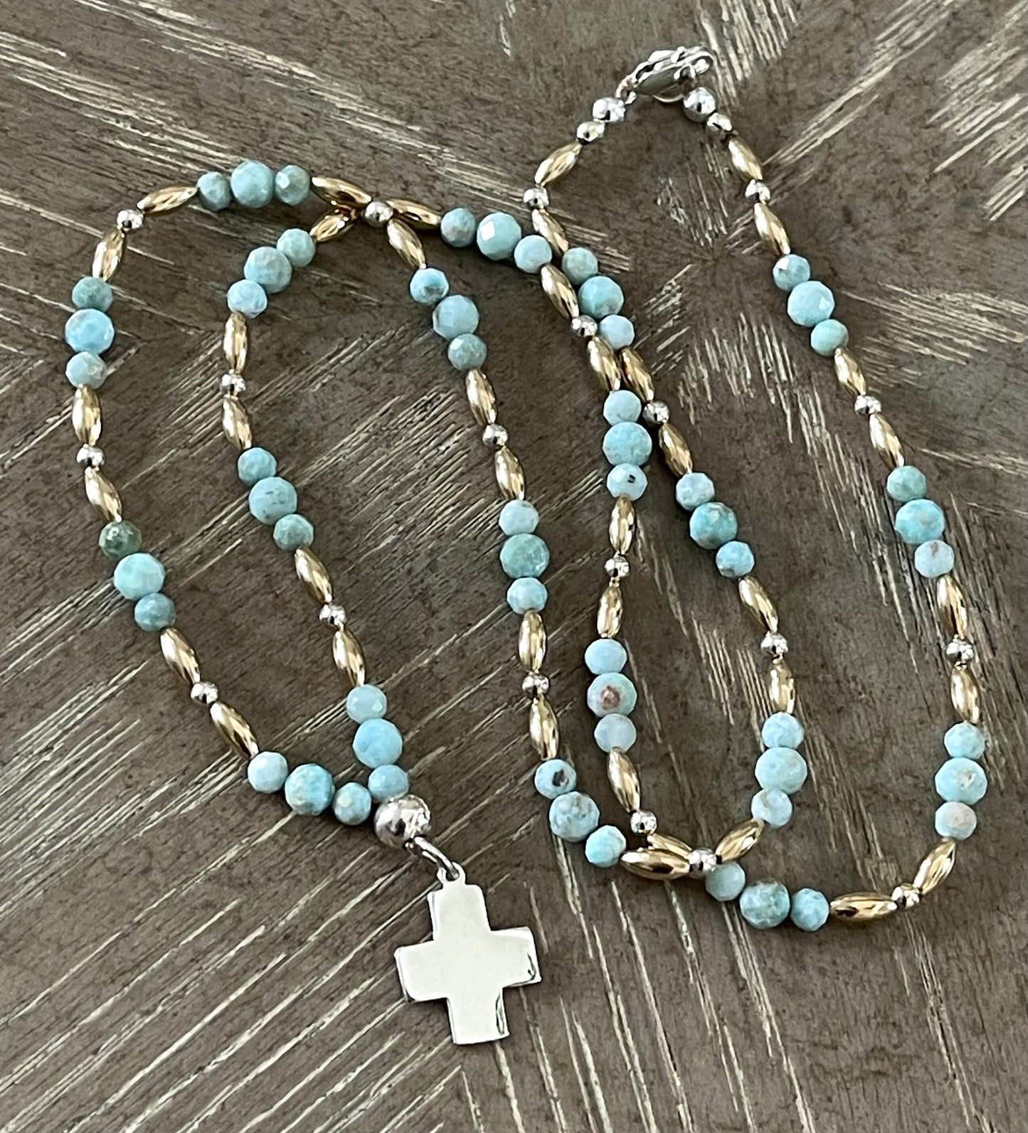 LARIMAR + 14kGOLD BEADS + STERLING SILVER BEADS & CHARM NECKLACE