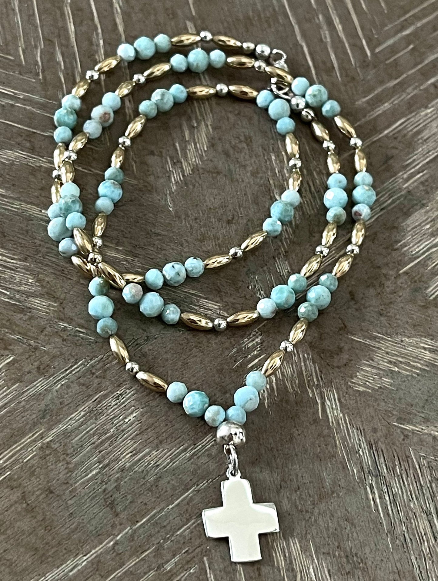 LARIMAR + 14kGOLD BEADS + STERLING SILVER BEADS & CHARM NECKLACE