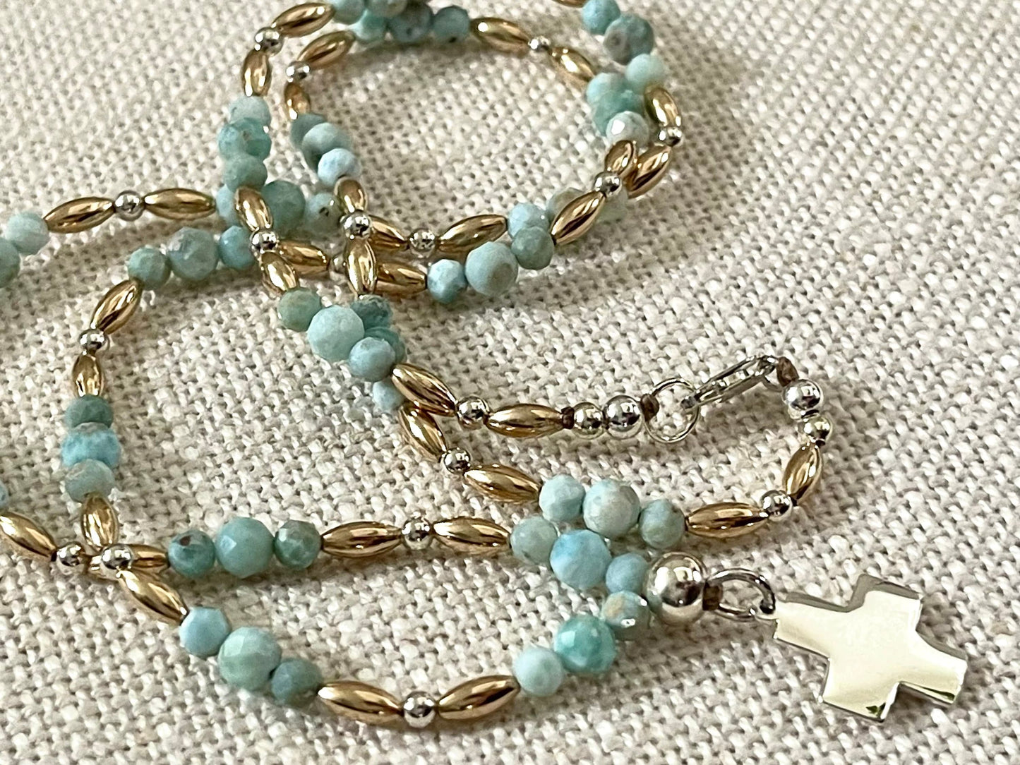 LARIMAR + 14kGOLD BEADS + STERLING SILVER BEADS & CHARM NECKLACE