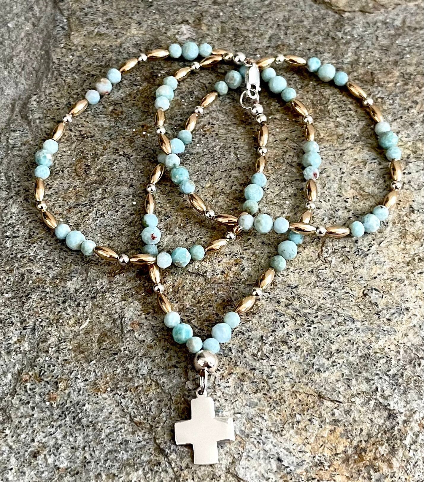 LARIMAR + 14kGOLD BEADS + STERLING SILVER BEADS & CHARM NECKLACE