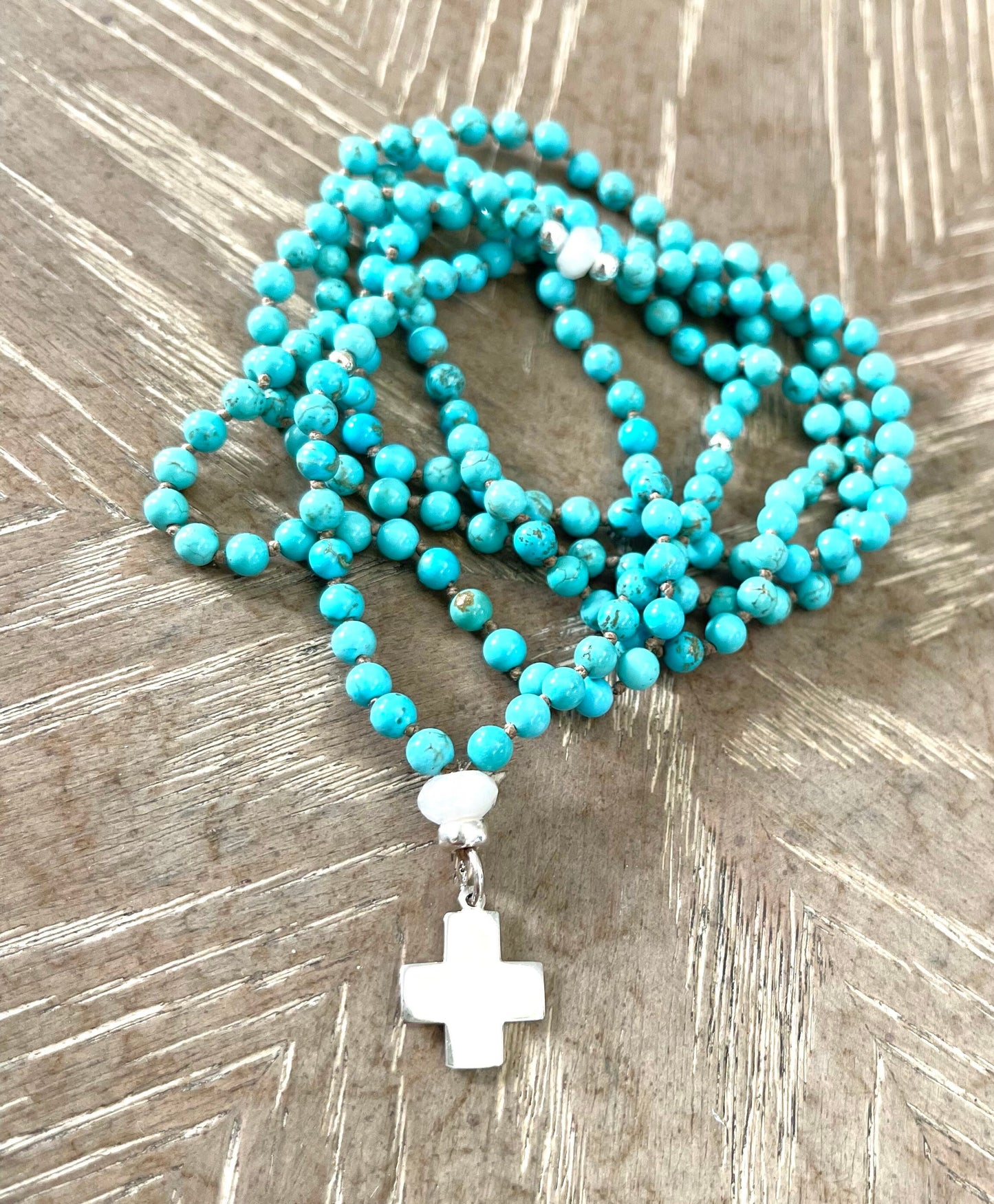 TURQUOISE, MOONSTONE & STERLING SILVER CROSS NECKLACE