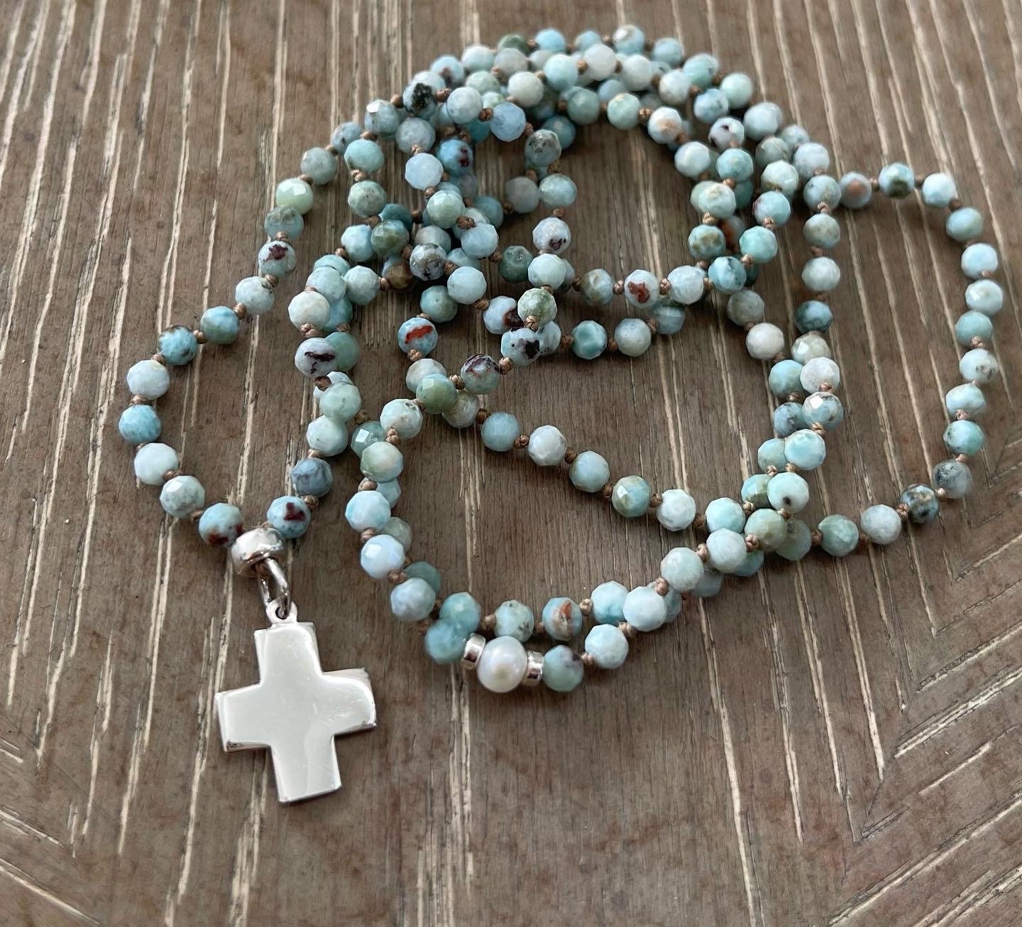 LARIMAR + FRESH WATER PEARL + STERLING SILVER BEADS & CROSS CHARM NECKLACE