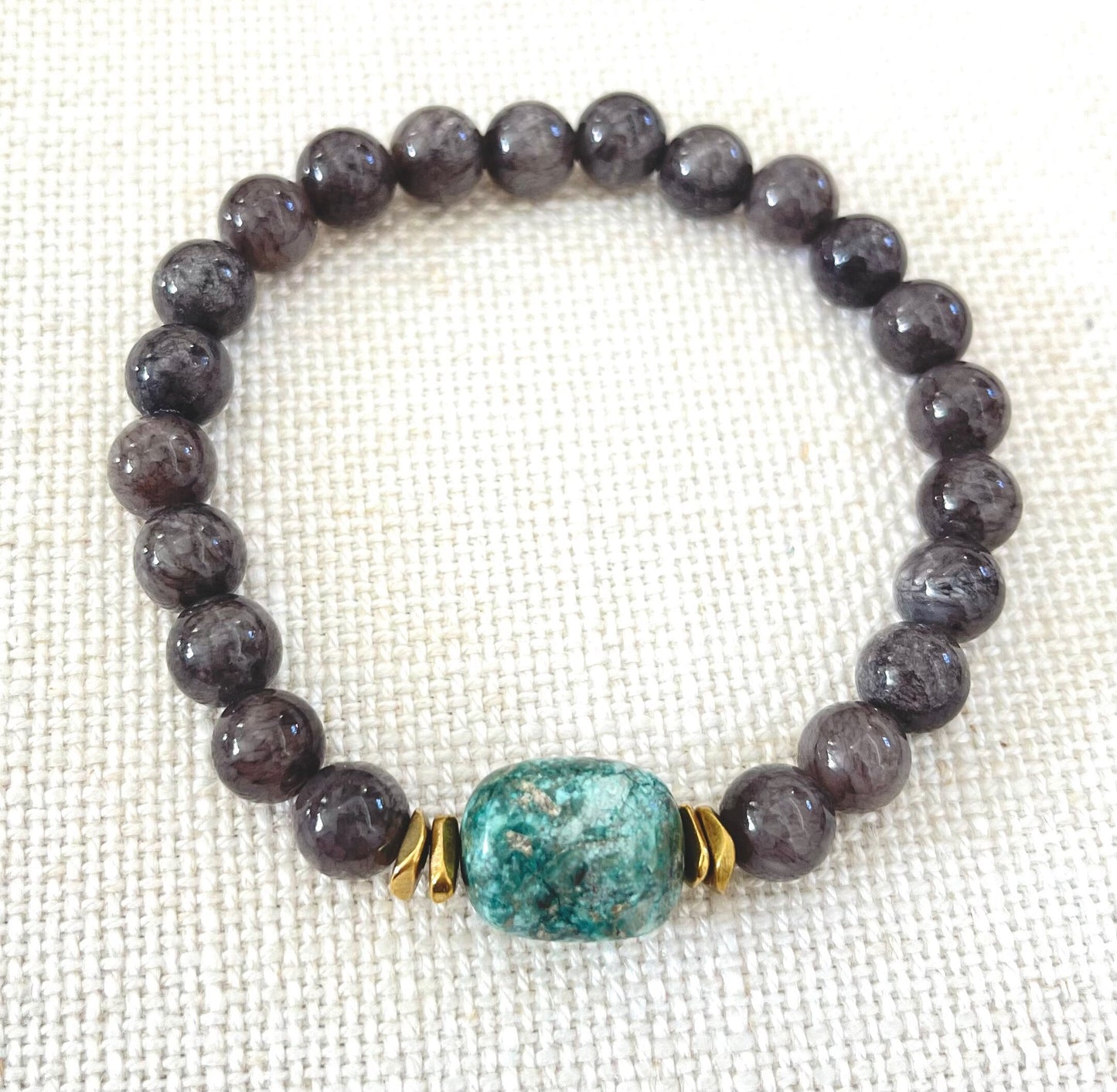 LABRADORITE + TURQUOISE AND BRASS BRACELET