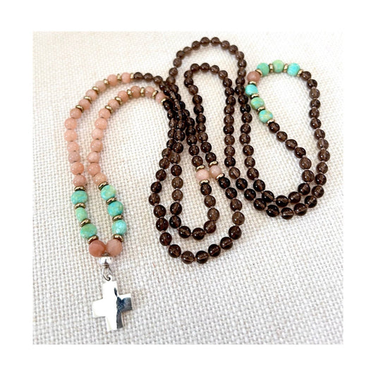 SMOKEY QUARTZ + SUNSTONE + TURQUOISE CROSS CHARM NECKLACE
