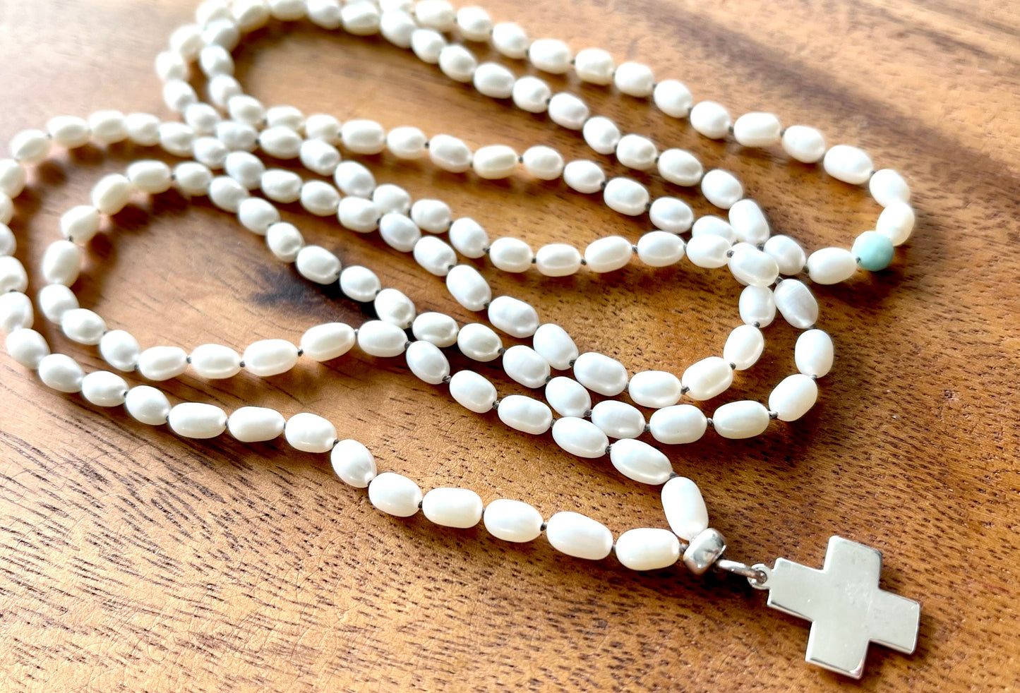 FRESH WATER PEARL + STERLING SILVER CROSS CHARM NECKLACE