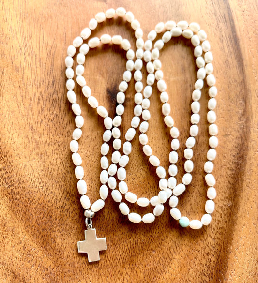 FRESH WATER PEARL + STERLING SILVER CROSS CHARM NECKLACE