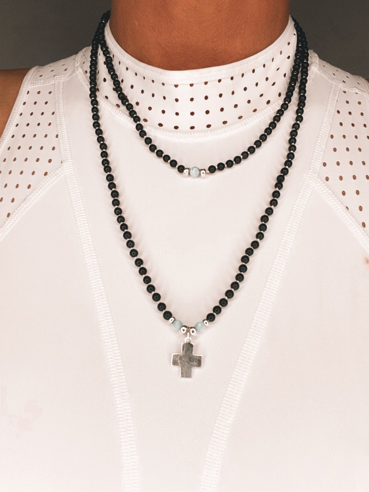 BLACK ONYX + LARIMAR + STERLING SILVER CROSS CHARM NECKLACE