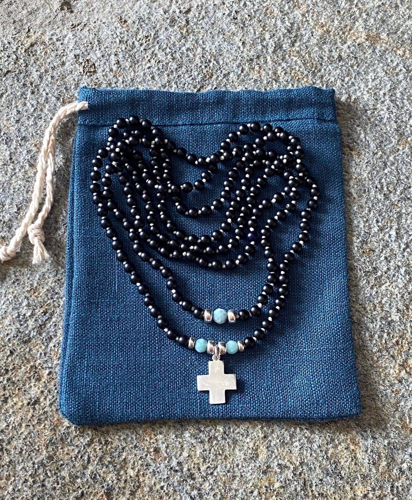 BLACK ONYX + LARIMAR + STERLING SILVER CROSS CHARM NECKLACE