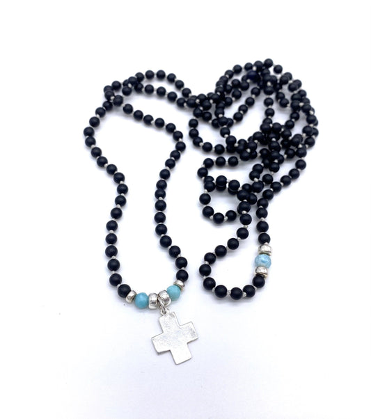 BLACK ONYX + LARIMAR + STERLING SILVER CROSS CHARM NECKLACE